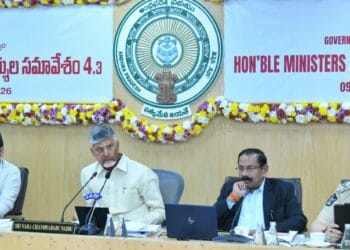 Andhra Pradesh Chief Minister N. Chandrababu Naidu addressing Ministers and Secretaries at the Secretariat, reviewing technology adoption, legal reforms, and development progress.