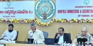 Andhra Pradesh Chief Minister N. Chandrababu Naidu addressing Ministers and Secretaries at the Secretariat, reviewing technology adoption, legal reforms, and development progress.