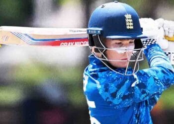 Thomas Rew celebrates his century as Oliver Peake bats during the ICC Under-19 World Cup semifinal at Queens Sports Club, Harare.