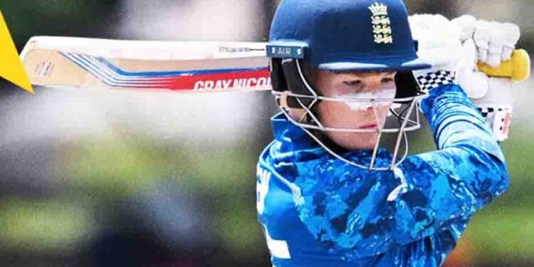 Thomas Rew celebrates his century as Oliver Peake bats during the ICC Under-19 World Cup semifinal at Queens Sports Club, Harare.