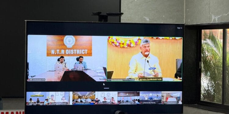 District Collector Dr. G. Lakshmisha briefing officials via video conference on ensuring uninterrupted gravel supply for Amaravati infrastructure projects.