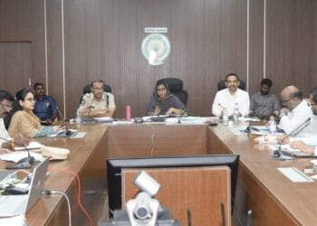 Guntur District Collector A. Thameem Ansariya chairing a district-level meeting on drug prevention with police and department officials at the Collector’s Office.