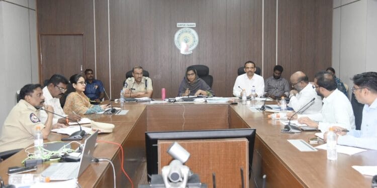 Guntur District Collector A. Thameem Ansariya chairing a district-level meeting on drug prevention with police and department officials at the Collector’s Office.