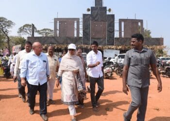 Collector A. Thameem Ansariya inspecting Maha Shivaratri arrangements at Balakoteswara Swamy Temple in Guntur