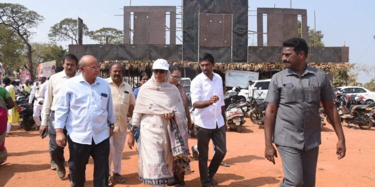 Collector A. Thameem Ansariya inspecting Maha Shivaratri arrangements at Balakoteswara Swamy Temple in Guntur