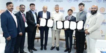 Andhra Pradesh Chief Minister Chandrababu Naidu witnesses exchange of AI MoUs with IBM, NxtGen and BharatGen at AI Impact Summit in New Delhi