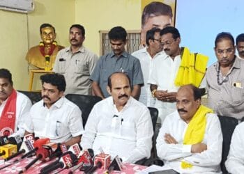 Kolusu Parthasarathy addressing media at TDP office in Eluru