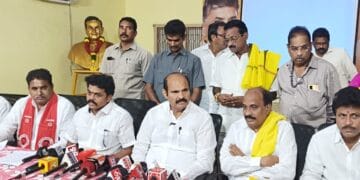 Kolusu Parthasarathy addressing media at TDP office in Eluru
