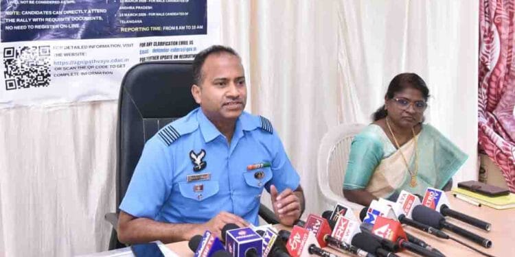 Air Force recruiting officer Wing Commander Sheikh Yakoob Ali addressing media about Agniveer Vayu open recruitment rally at Nagarjuna University in Guntur.