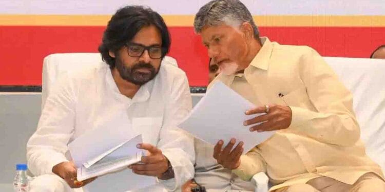 Andhra Pradesh Chief Minister Chandrababu Naidu and Deputy Chief Minister Pawan Kalyan during a government meeting amid discussions on Andhra Pradesh Cabinet Expansion.
