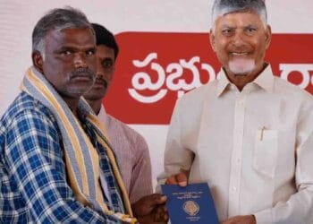 Andhra Pradesh Chief Minister N Chandrababu Naidu distributing Pattadar Passbooks during Mee Bhoomi Mee Hakku Programme in Nandyal district