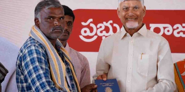 Andhra Pradesh Chief Minister N Chandrababu Naidu distributing Pattadar Passbooks during Mee Bhoomi Mee Hakku Programme in Nandyal district