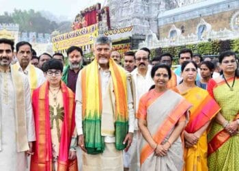 Chandrababu Naidu and family at Tirumala temple offering prayers and serving devotees