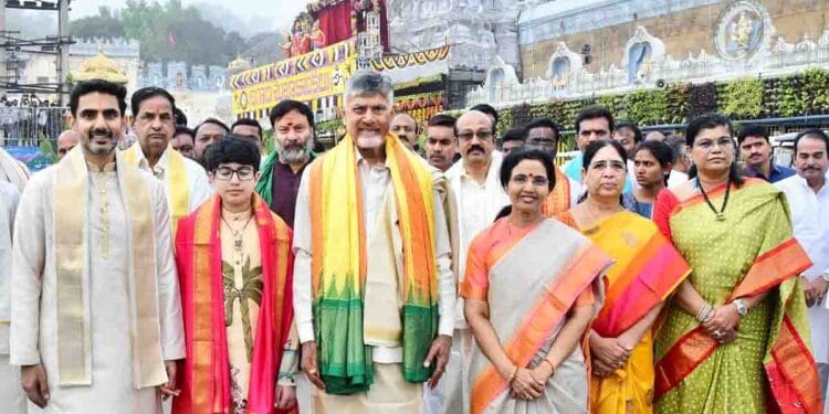 Chandrababu Naidu and family at Tirumala temple offering prayers and serving devotees