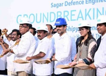 Minister Nara Lokesh laying the foundation stone for the Sagar Defence Project at Juvvaladinne in Nellore district