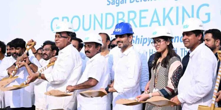 Minister Nara Lokesh laying the foundation stone for the Sagar Defence Project at Juvvaladinne in Nellore district