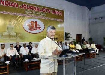 Chandrababu Naidu addressing journalists at IJU plenary Vijayawada Amaravati Future City