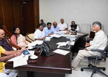 AP Chief Minister Chandrababu Naidu reviewing major irrigation projects including Polavaram and Veligonda with officials in Amaravati.