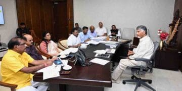 AP Chief Minister Chandrababu Naidu reviewing major irrigation projects including Polavaram and Veligonda with officials in Amaravati.