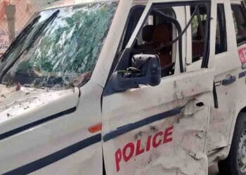 Challapalli police station explosion site with damaged building and vehicle