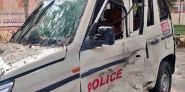 Challapalli police station explosion site with damaged building and vehicle