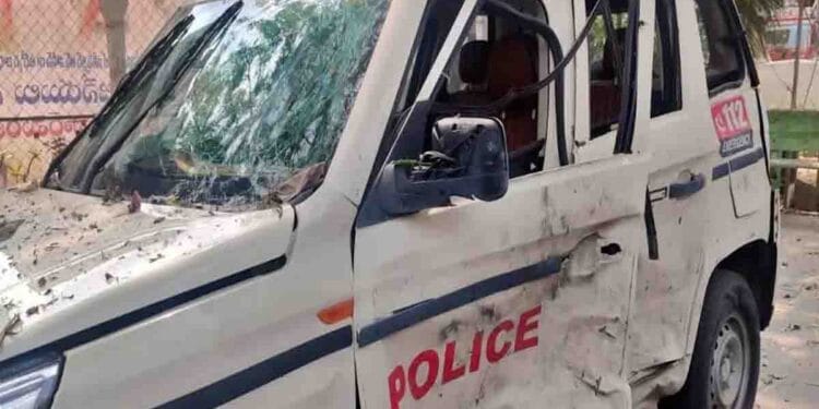 Challapalli police station explosion site with damaged building and vehicle