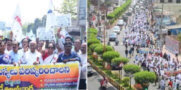 Journalists participating in the Chalo Vijayawada Journalists Rally from Raghavaiah Park to Tummalapalli Kalakshetram in Vijayawada