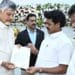 CM Chandrababu Naidu handing over cheque for Polavaram displaced families in Mangalagiri