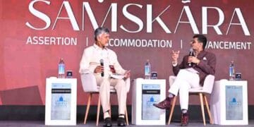 Andhra Pradesh Chief Minister N Chandrababu Naidu speaking at the Raisina Dialogue Conference in New Delhi on technology, governance and population management policy.