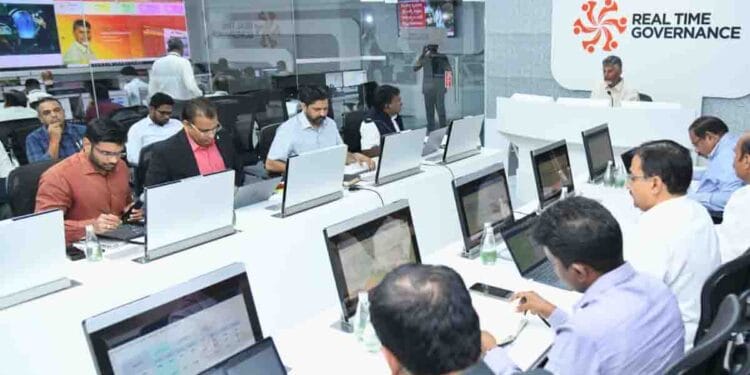 Chief Minister N Chandrababu Naidu reviewing Iran conflict impact on Andhra Pradesh with officials at the RTGS centre in Amaravati