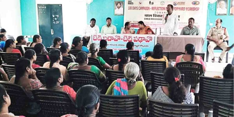 Officials and social workers attending Child Marriage Free India Campaign workshop at Veeravasaram MPDO office