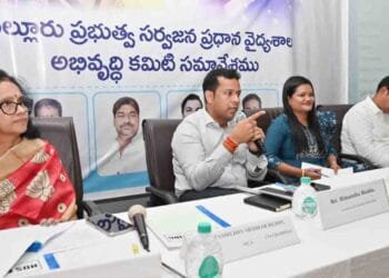 Nellore District Collector Himanshu Shukla reviewing facilities and medical services at Nellore Government General Hospital development committee meeting.