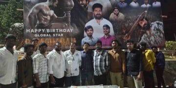 Ram Charan birthday celebrations in Nellore with Jana Sena leaders cutting cake and fans celebrating at Muthukuru Circle