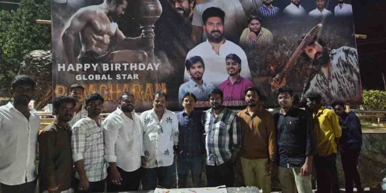 Ram Charan birthday celebrations in Nellore with Jana Sena leaders cutting cake and fans celebrating at Muthukuru Circle