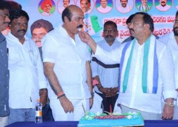 Former Pedakurapadu MLA Namburu Sankara Rao participating in YSRCP Foundation Day celebrations in Achampet mandal of Guntur district