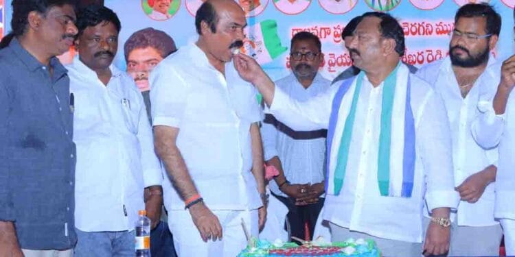 Former Pedakurapadu MLA Namburu Sankara Rao participating in YSRCP Foundation Day celebrations in Achampet mandal of Guntur district