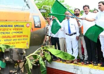 Union Minister Srinivasa Varma and MLA Arimilli Radhakrishna welcoming Amrit Bharat Express at Tanuku Railway Station