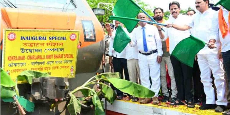 Union Minister Srinivasa Varma and MLA Arimilli Radhakrishna welcoming Amrit Bharat Express at Tanuku Railway Station