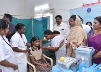 District Collector A. Thameem Ansariya inaugurating the HPV vaccination drive for adolescent girls at Ayushman Arogya Kendra in Guntur district.