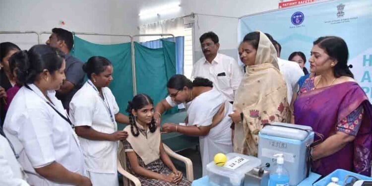 District Collector A. Thameem Ansariya inaugurating the HPV vaccination drive for adolescent girls at Ayushman Arogya Kendra in Guntur district.