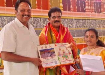 TTD Board Member Nannapaneni Sadasiva Rao receiving invitation for Varahi Pratyangira Sarabheswara temple inauguration