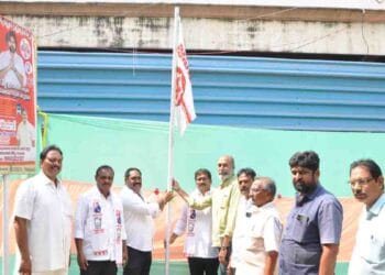 Jana Sena Party leaders celebrating 13th Foundation Day in Guntur