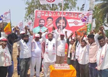Janasena Party leaders celebrating formation day in Pileru constituency
