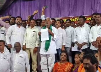 eevan Reddy walking with supporters after resigning from Congress in Jagtial