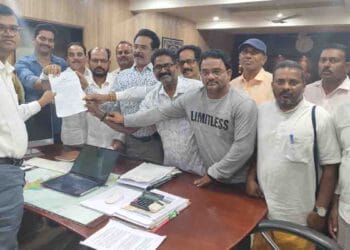 Journalists submitting memorandum to Srikakulam Collector on accreditation issues