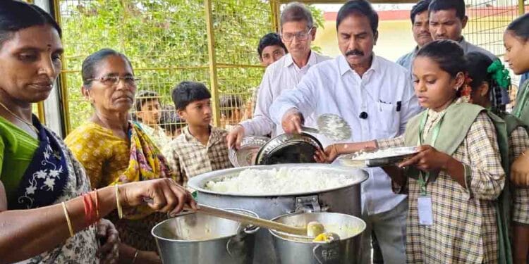 MLA Sriram Rajagopal interacting with students during school inspection in Jaggayyapeta