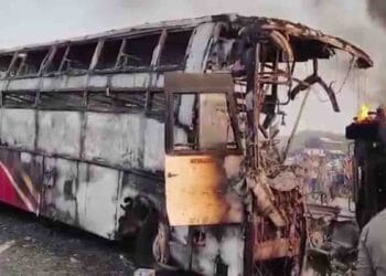 Burnt private bus after Markapur road accident near Rayavaram
