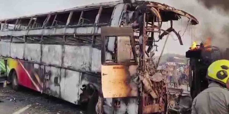 Burnt private bus after Markapur road accident near Rayavaram
