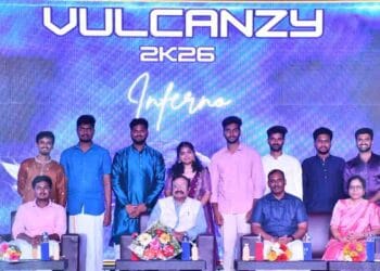 NIT AP In-charge Director Dr N.V. Ramana Rao lighting the lamp at Vulcanzy 2K26 fest in Tadepalligudem