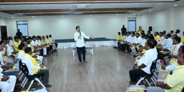 Nara Lokesh addressing party leaders at TDP office in Mangalagiri